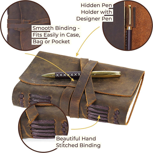 Leather Bound Journal - Handmade Gift Set with Genuine Leather Bookmark and Stylish Pen, 300 Pages, 8x6"