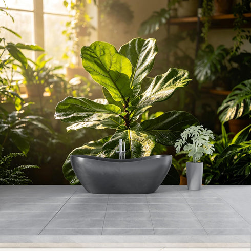 QZLITHOTIC Custom Size Wall Mural Botanical Green Fiddle Leaf Fig Sunlight Indoor Garden Scene SelfAdhesive Wall Fabric