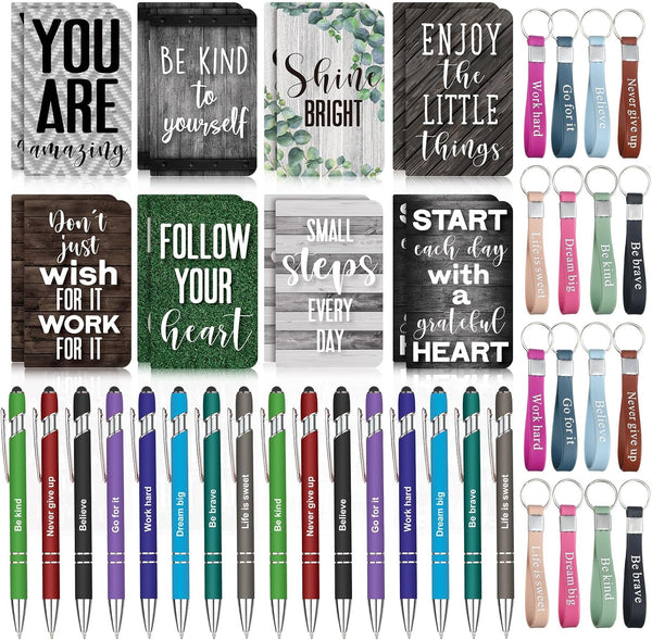 PerKoop 48 Pcs Inspirational Gifts Set, Bulk Motivational Notepads, Ballpoint Pens, Keychains for Teachers and Parties