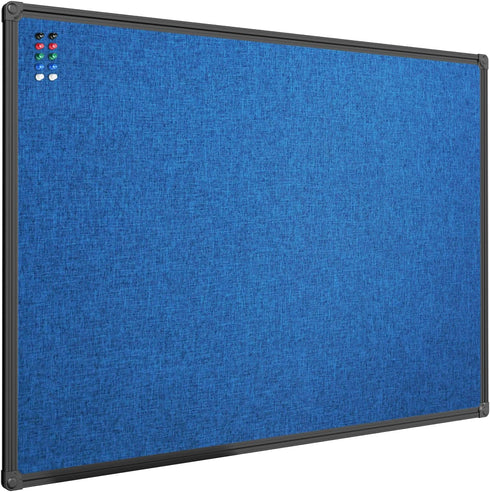 JILoffice Cork Linen Bulletin Board 36 X 24 Inch (Blue), Black Aluminum Frame Wall Mounted Memo Pin Board for Office