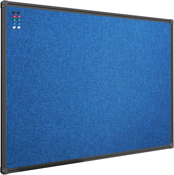 JILoffice Cork Linen Bulletin Board 36 X 24 Inch (Blue), Black Aluminum Frame Wall Mounted Memo Pin Board for Office