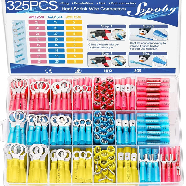 Sopoby 325PCS Marine Grade Heat Shrink Wire Connectors Kit - Tinned Red Copper, AWG 22-10 Waterproof