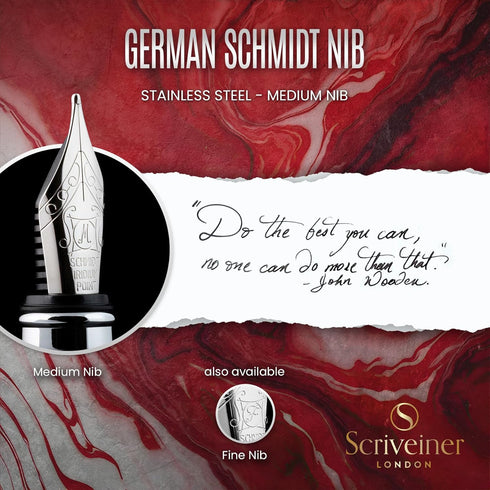 Scriveiner Deep Crimson Red Fountain Pen, Luxury Pen with Chrome Finish, Schmidt Nib (Medium), Best Gift Set for Men &