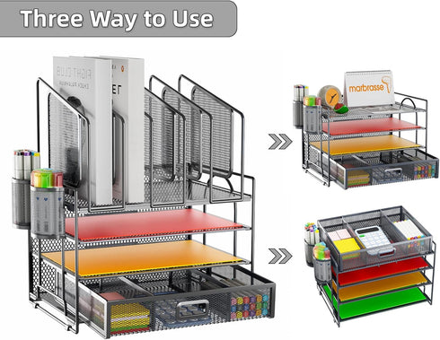 Marbrasse Desk Organizers, 4-Tier Mesh File Organizer with 5 Vertical File Holders and 2 Pen Holders