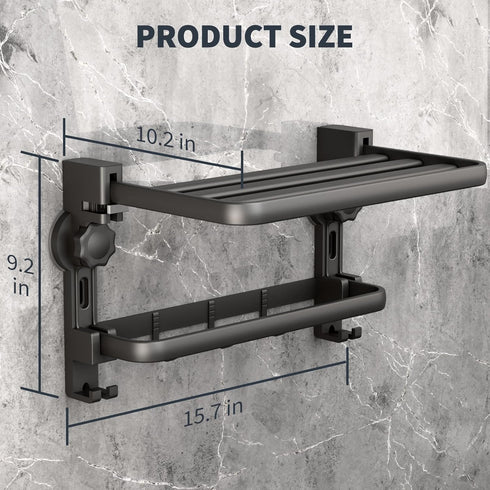 Maccvk 7 Gray16 Inch Towel Rack with Towel Bar Holder Suction Cup Foldable Towel Shelf No Drill with Hooks Rustproof