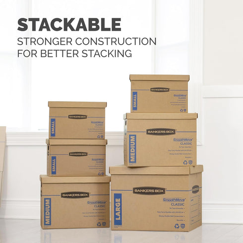 Bankers Box Classic Moving Box 12 Pack Kit, Reinforced Handles, Tape-Free Assembly, 8 Small and 4 Medium Boxes