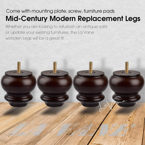 La Vane 3 Inch 4PCS M8 8cm Classic Bun Feet, Solid Wood Furniture Legs with Bolts & Mounting Plates Small Size