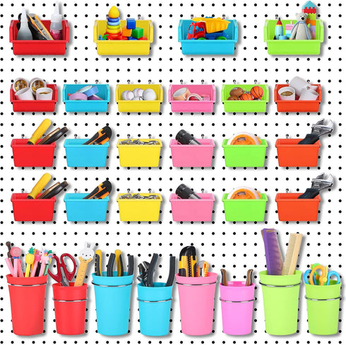 Roowest 60 Pcs Pegboard Cups, Pegboard Bins Set, Wall Organizer with Hooks and Loops, Assortment for Office Storage
