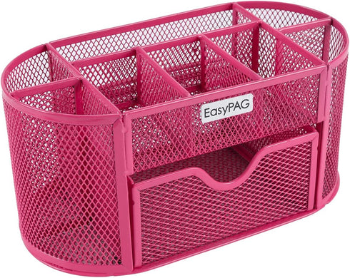 EasyPAG Desk Organizer, Mesh Desktop Office Supplies Caddy with Drawer, Pink