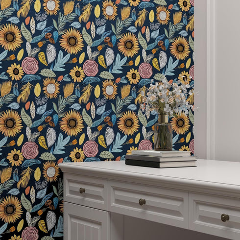 17.5" 393.7" Blue Wallpaper Peel and Stick,Vintage Boho Floral Contact Paper, x Retro Paisley Flower Botanical Wall