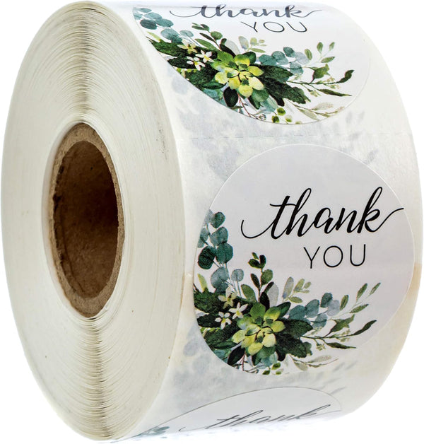 Boho Greenery Thank You Stickers, 500 Floral Labels Roll, 1.5" Round Envelope Seals, Made in The USA