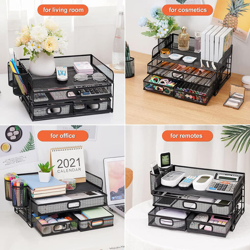 Marbrasse 3 Tier Mesh Desk Organizer - Black Multi-Functional Organizer with Drawer, Paper Letter Organizer & 2 Pen