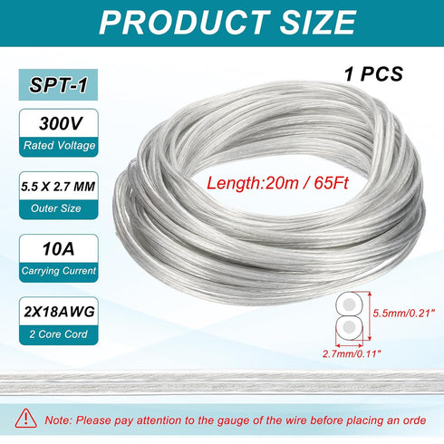 65Ft 18/2 300V SPT-1 PATIKIL PVC Covered Wire, Lamp Cord Insulated Heat Resistant Electronical Flexible Cable for LED