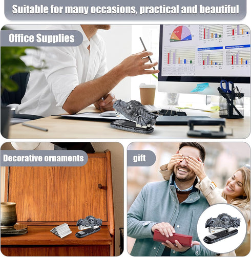 Dragon Stapler with 2000 Staples, Kids Novelty Stapler, Funny Carving Resin Faucet Stapler for Office Desk Decor (Grey)