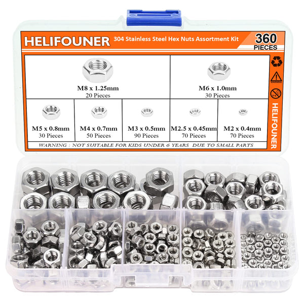 360 Pieces 304 Stainless Steel Hex Nuts Assortment Kit, 7 Sizes (M2 M2.5 M3 M4 M5 M6 M8)