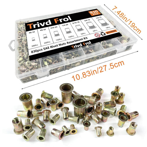 Trivd Frol 830pcs #6-32, #8-32, #10-24, 1/4-20, 5/16-18, 3/8-16, 1/2-13, 830pcs) Rivet Nut Tool Kit, SAE/Metric Rivet