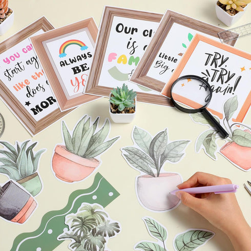 Pajean Bookshelf Bulletin Board Plant Motivational Positive Classroom Decoration Greenery Potted Cutouts for Back