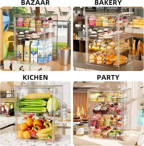 3 Countertop, 10.63''L 10" 14.17" JOYZAN Pastry Display Case, Tier Bread Box for Kitchen Acrylic Bread Container