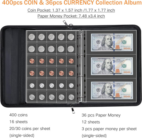 Hontom Album 400 36 Coin Collection for Collectors with Lock, Pockets Fireproof Coin Holder Book & Paper Currency