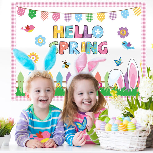 Happy Easter Bulletin Board Set with Pink Check Border, Rabbit, Bees, Butterflies, Hello Spring Cutouts for Kids