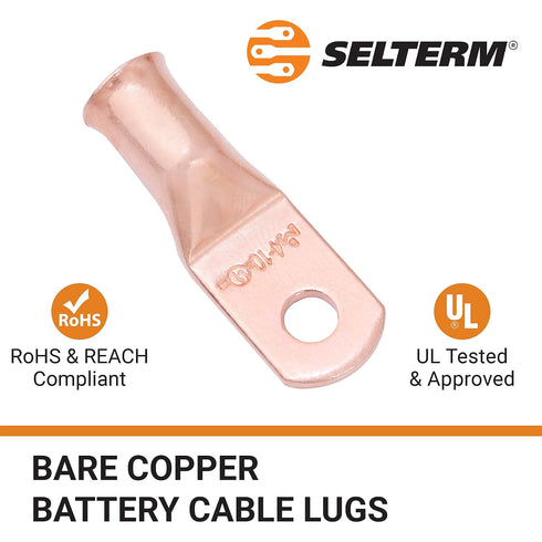 SELTERM 25pcs 4 AWG #10 Stud Battery Lugs - Heavy Duty Copper Wire Lugs, Battery Cable Ends, UL Bare Copper Eyelets
