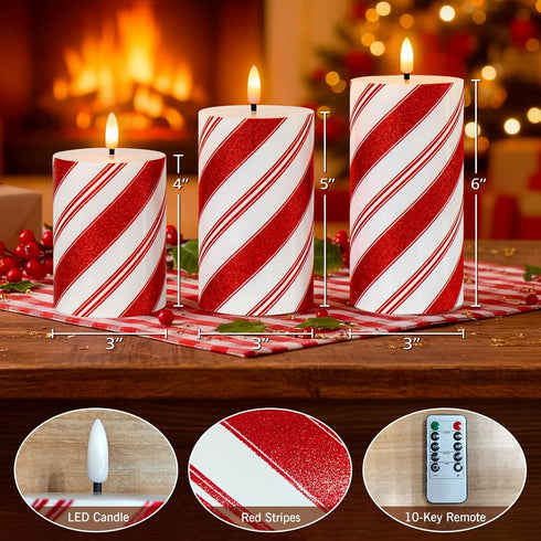 Set 3 Christmas Glitter Red Stripes LED Flameless Candles, Battery Operated Real Wax Pillar Candles with Remote