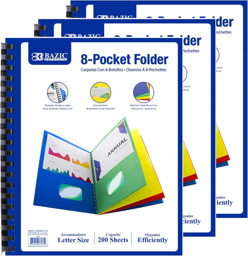BAZIC 8 Pockets Folder Portfolios, Double Loop Wire Binding, Letter Size Paper Folders, 3-Pack