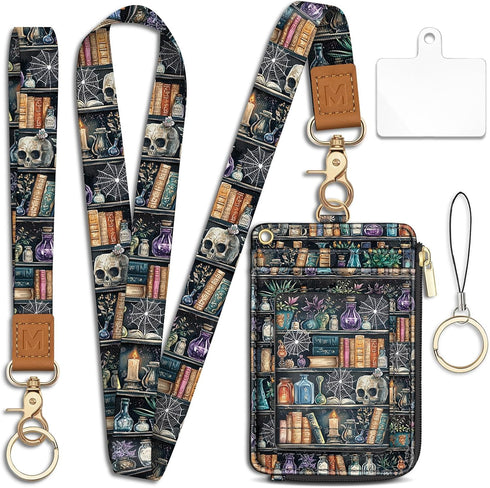 Goth Bookshelf Skull Lanyard Wallet with ID Badge Holder, Witchy Small RFID