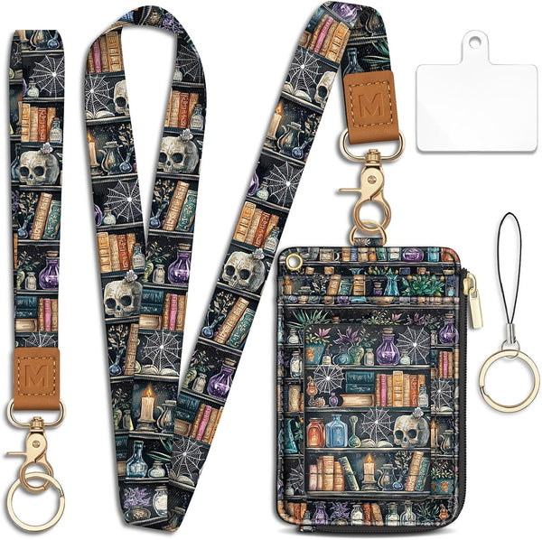 Goth Bookshelf Skull Lanyard Wallet with ID Badge Holder, Witchy Small RFID