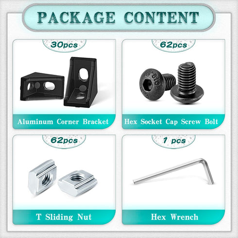 30 Set Black 2020 Series Aluminum Extrusion Profile Connector, Includes 1 Wrench, 30 Corner Brackets, 60 T-Slot Nuts &
