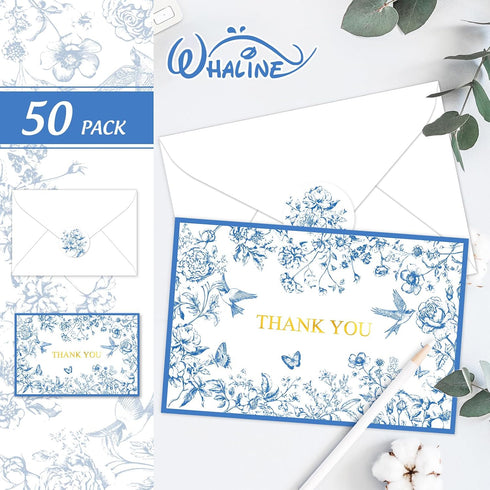 50 Pack Whaline Blue Floral Gold Foil Thank You Cards Boxed Greeting Cards with Envelopes Stickers Vintage Flower Bird