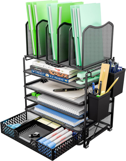 Simple Trending 5 Tier Mesh Desk File Organizer with Sliding Drawer, Paper Letter Tray for Office Home, Black