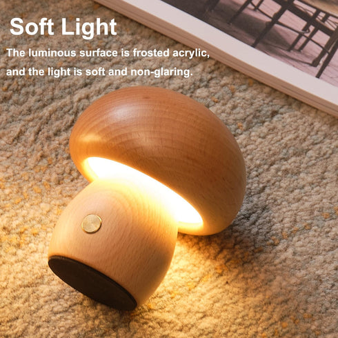 Wooden Mushroom Lamp, Portable Cordless Small Rechargeable Lamp, Stepless Dimming Night Light for Birthday Gifts.