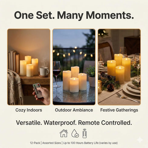 Pack 12 (D2.15'' H4''5''6'') 10-Key 24 Enido Flameless Candles Led Candles of Battery Candles x Waterproof Outdoor