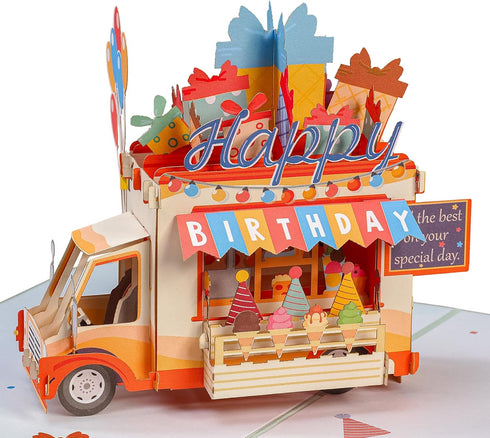 Paper Love Happy Birthday Card, 3D Ice Cream Truck Pop Up Birthday Card for Boys and Kids - 5"x7" Cover