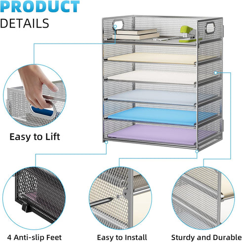 Marbrasse Paper Letter Tray Organizer, 6 Tier Mesh File Organizer with Handle, Paper Sorter for Letter/A4 Office File