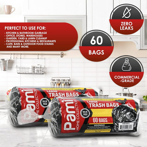 PAMI Large 33-Gallon Scent-Free Trash Bags, 60-Pack, Black