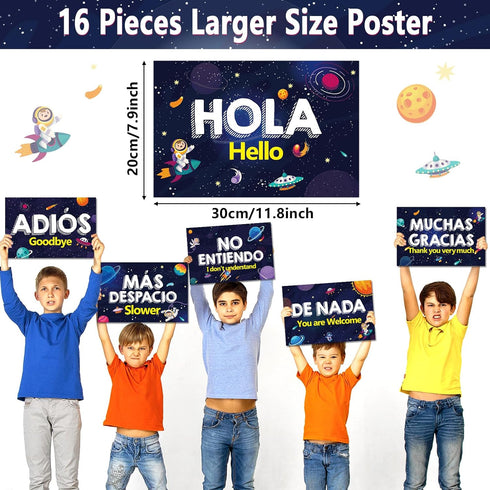 gisgfim 16 Pcs Spanish Words and Phrases Poster Set, Bulletin Board Study Spanish Classroom Decoration for Teachers