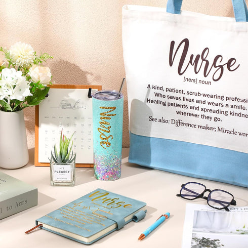 CNA Week Gifts Bulk, 2024 Nurse Assistant Appreciation Gift Set with A5 Leather Journal, Tumbler, and Tote - Blue