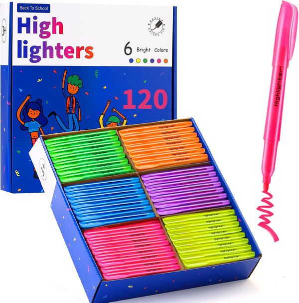 Highlighters Assorted Colors, 120 Pack Bulk: No Bleed & Dry Quickly, Highlighter Set: Chisel Tip & 6 Bright Colors,
