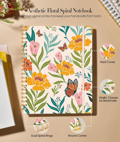 Cute Spiral Notebook Journal for Women, 200 Pages Lined Notebooks 8.5” x 11”, A4 Large Hardcover Spiral Journals with 100 GSM Thick Paper, College Ruled Notebook for Writing Work School, Orange Floral