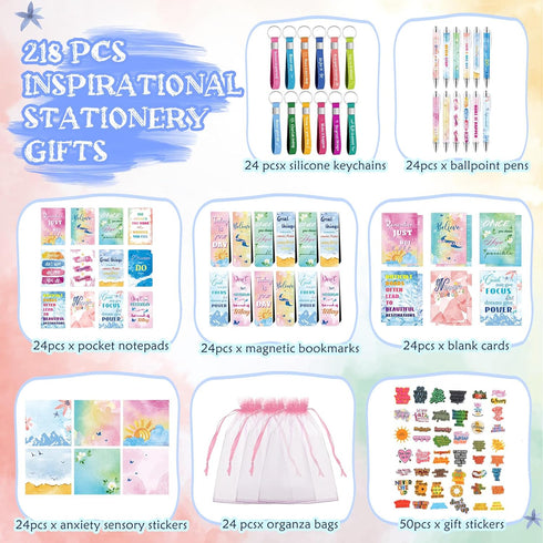 Pasimy 218 Pcs Inspirational Stationery Gifts, Motivational Mini Notepad, Pen, Quote Bookmarks, Stickers for School