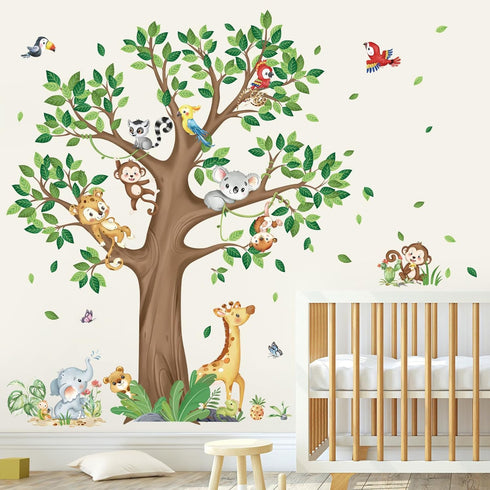 decalmile Large Jungle Animal Tree Wall Decals Giraffe Koala Leopard Safari Wall Stickers Baby Nursery Kids Bedroom