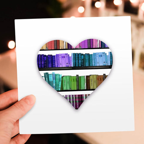 6 Pack Greeting Cards - I Heart Books - Love Heart Shape containing Colorful Rainbow Bookshelf - - Love Series