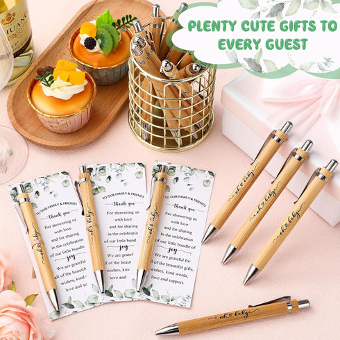Yeaqee 100 Sets Woodland Safari Baby Shower Gifts - Bamboo Pens and Greeting Cards for Gender Reveal Favors