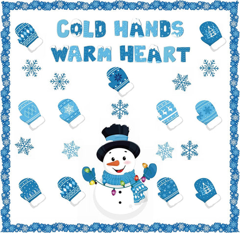 Faccito 70 Pcs Winter Snowman Bulletin Board Set, Blue Gloves and Snowflake Cutouts for Christmas Classroom Decor