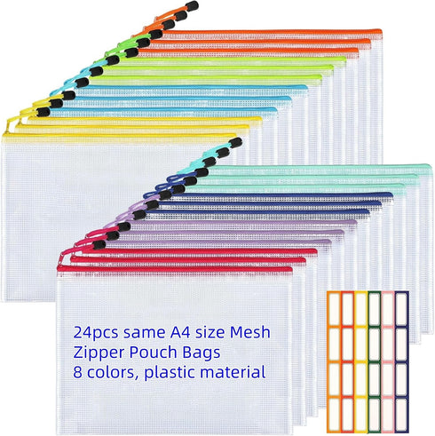 Mesh Zipper Pouch Bags, 24pcs A4 Zipper Pouches for Organizing, Plastic Zipper Bags for School Home Office