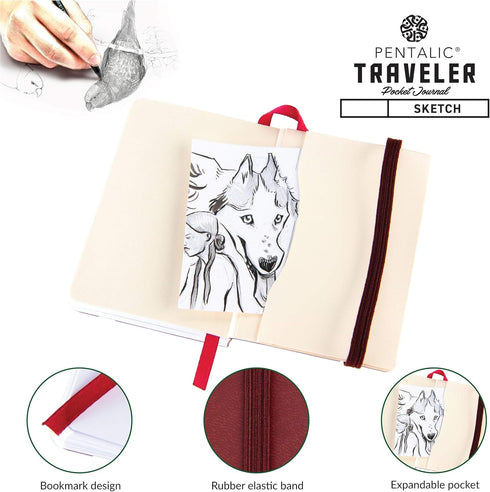 Pentalic 3" x 4" Pocket Sketchbook Traveler Journal, 160 Pages, Burgundy