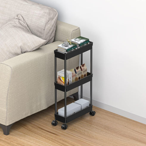 Sooyee 3 Tier Rolling Cart with Wheels, Slim Storage Organizer for Office, Bathroom, Kitchen, and Laundry Room, Black