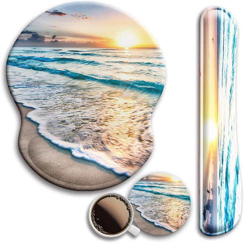 Beach Mouse Pad and Keyboard Wrist Rest Support with Non-Slip PU Base - Gel Mouse Pad with Coaster for Gaming, Office
